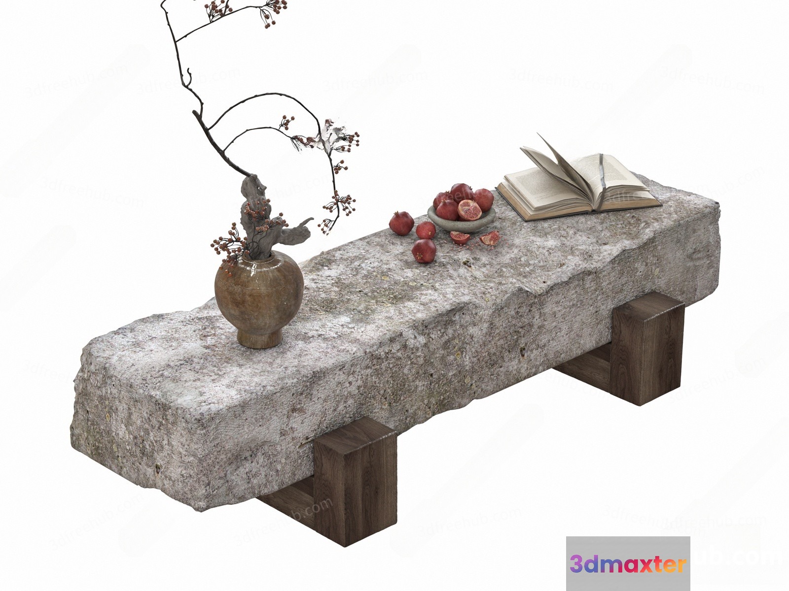 A Stone Bench With A Wooden Base 3D Model - 20567 - VRAY Render