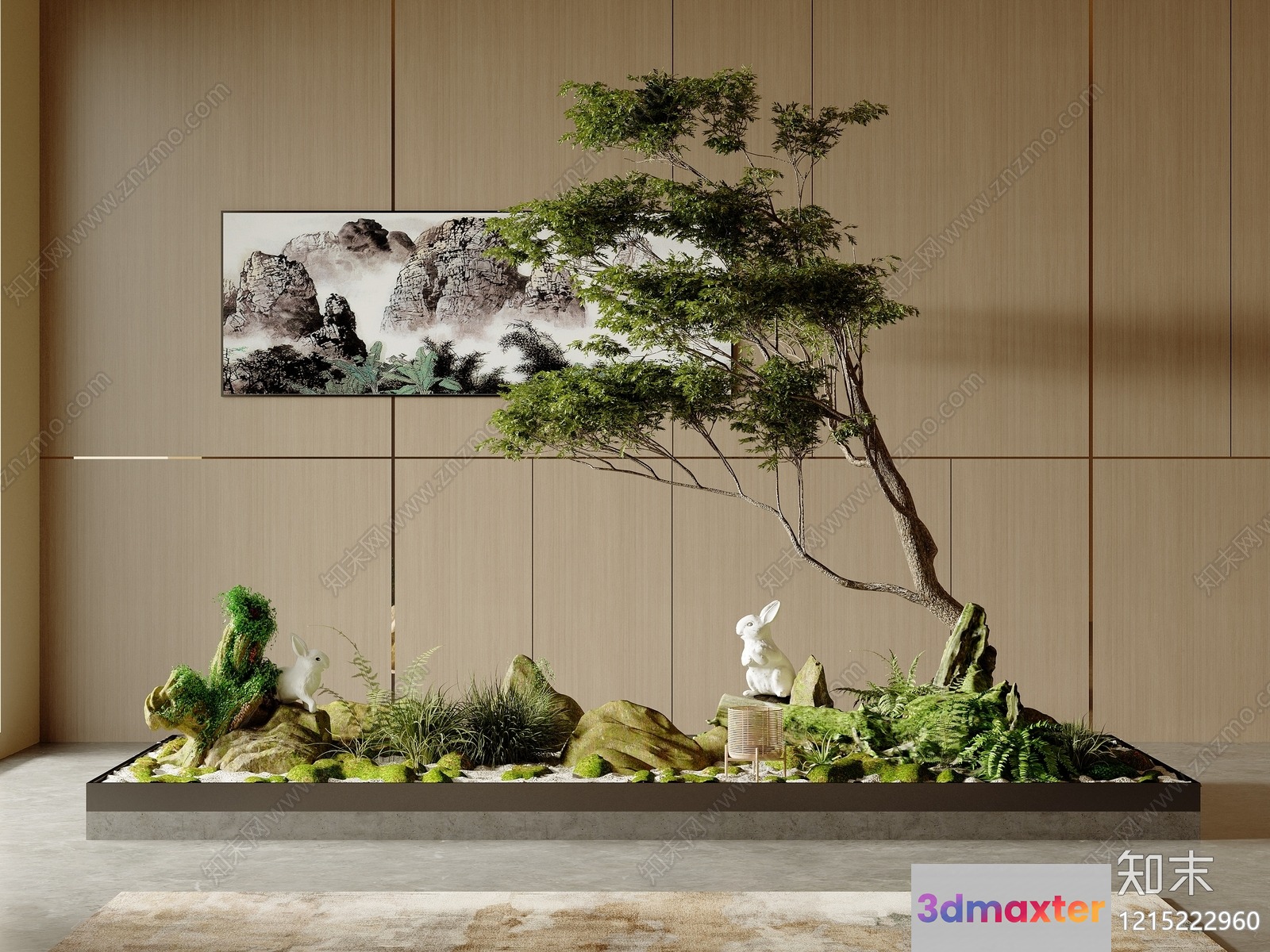 A Large Indoor Garden With A Tree And Two Rabbits 3D Model - 17669 - VRAY Render