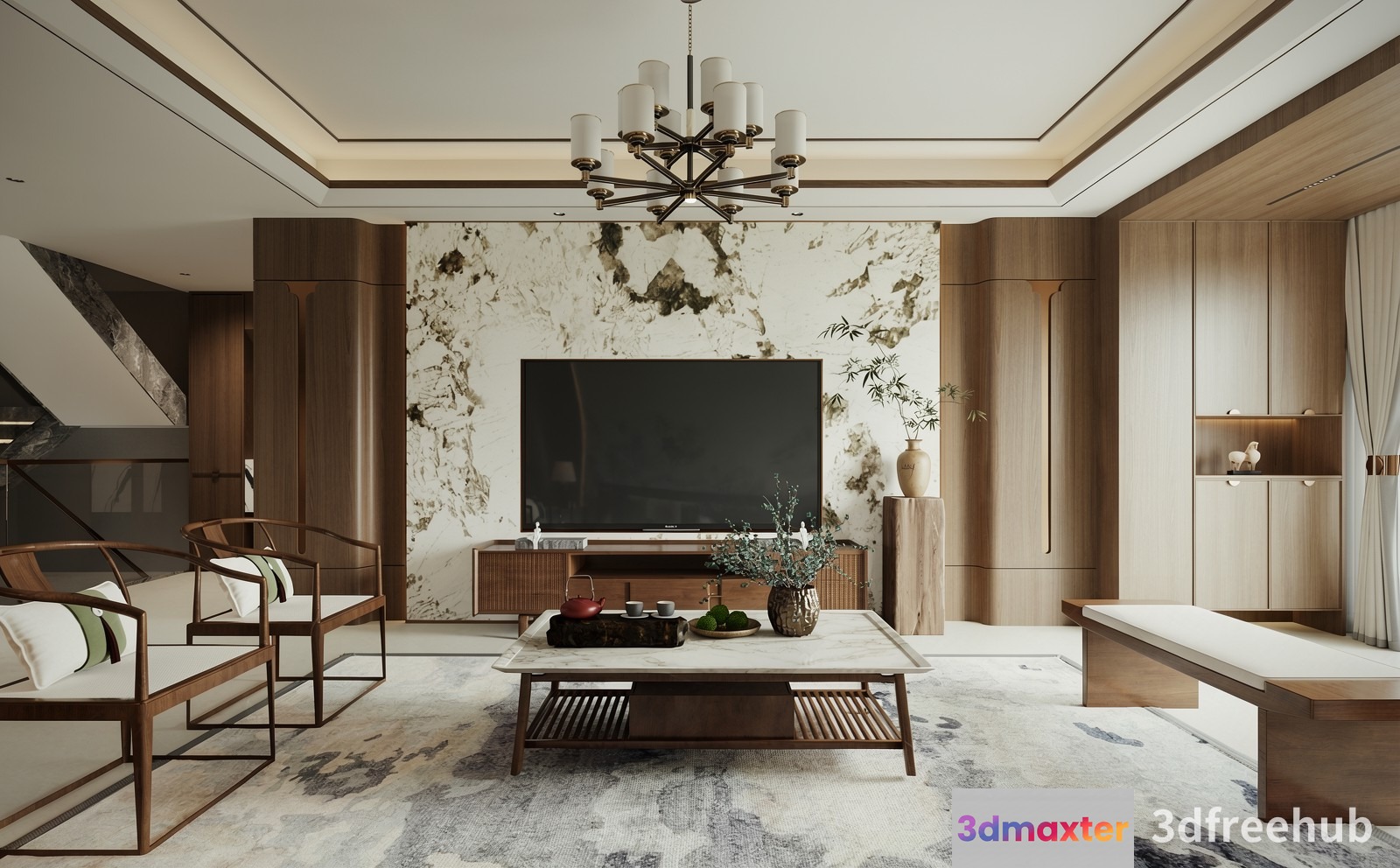 A Modern Living Room With A Large Tv And Marble Accent Wall 3D Model - 22589 - VRAY Render