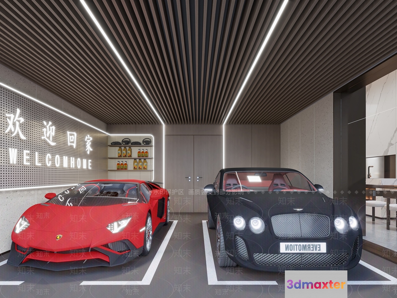 Two Cars Parked In A Garage 3D Model - 1628 - VRAY Render