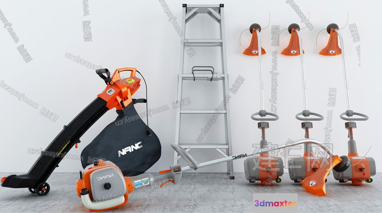 A Collection Of Orange And Gray Lawn Equipment 3D Model - 1005 - VRAY Render