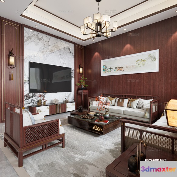 Modern Asian Living Room 3D Model - 6758 - VRAY Render