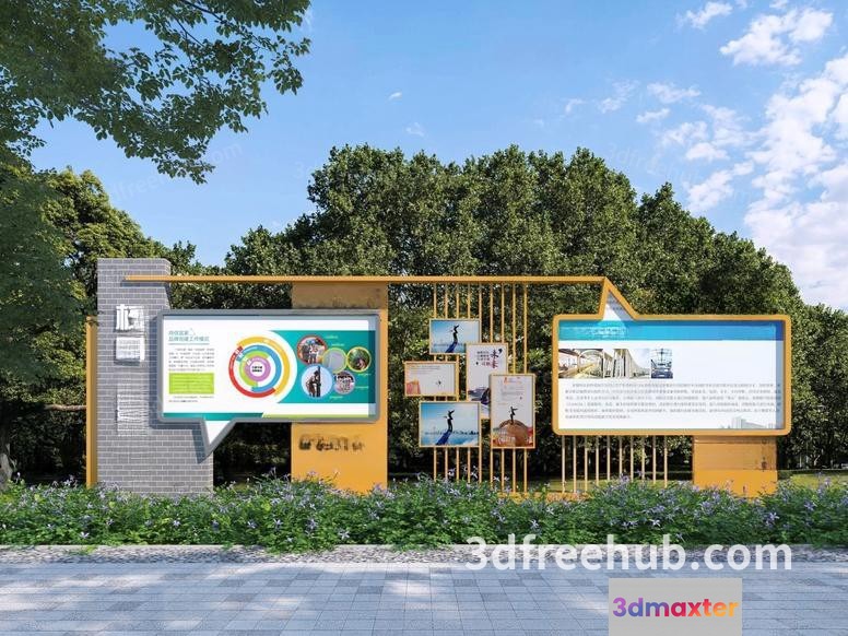 A Large Outdoor Sign With Multiple Boards And A Yellow Frame 3D Model - 22687 - VRAY Render