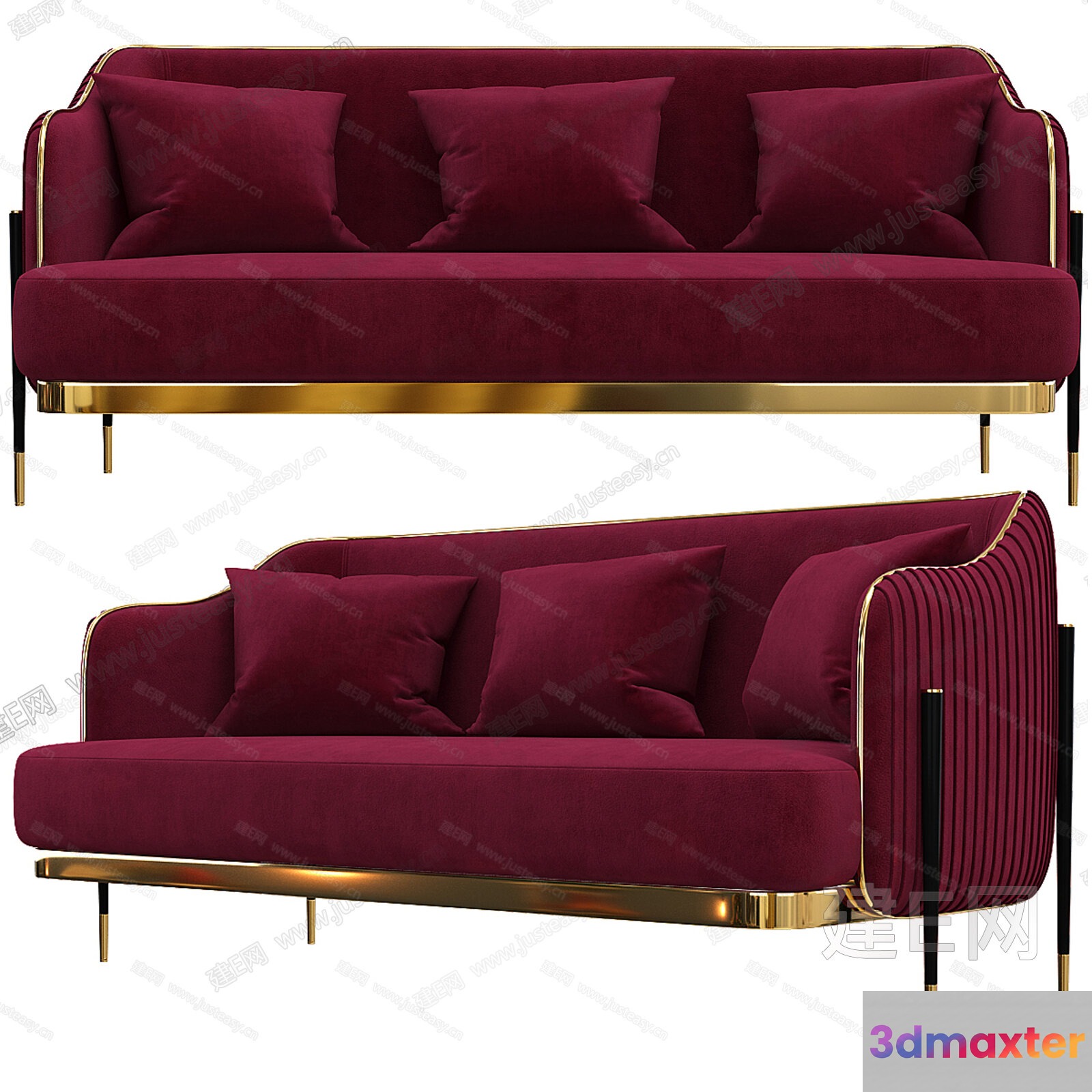 A Red Velvet Sofa With Gold Accents 3D Model - 7455 - VRAY Render