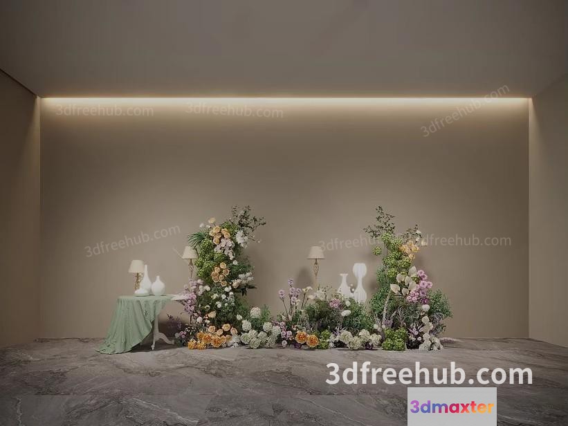 A Decorative Floral Arrangement With White Vases And Lamps 3D Model - 22561 - VRAY Render