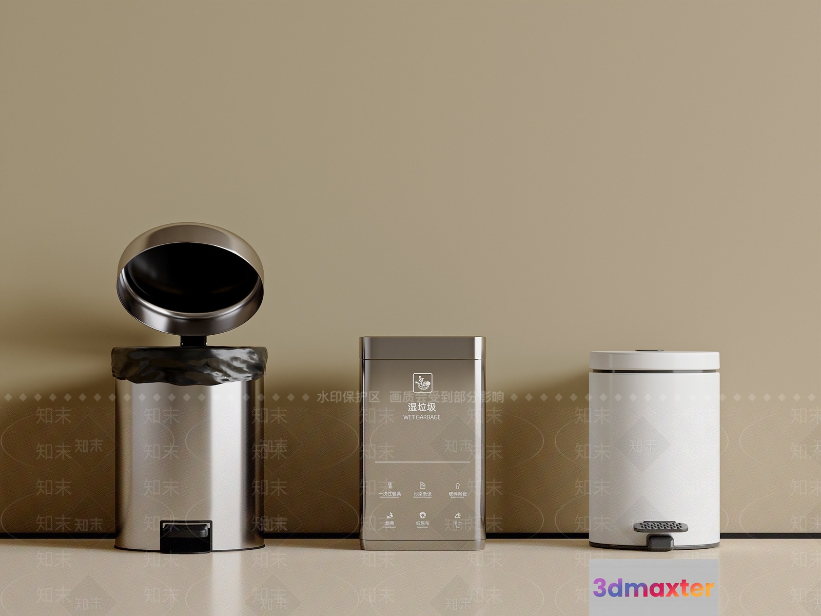 A Row Of Trash Cans 3D Model - 12774 - VRAY Render