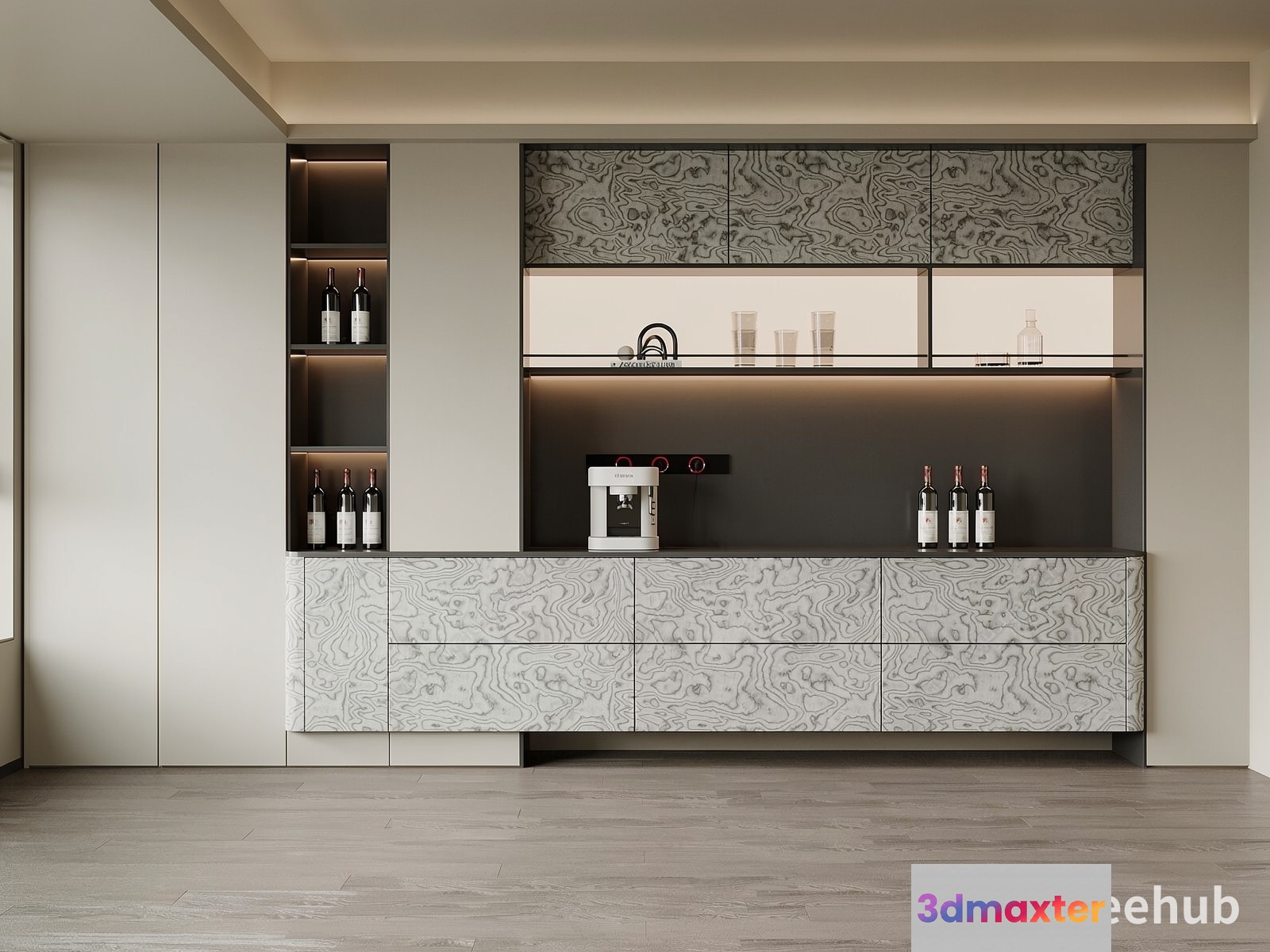 A Modern Kitchen With A Light Wood Floor 3D Model - 4098 - VRAY Render