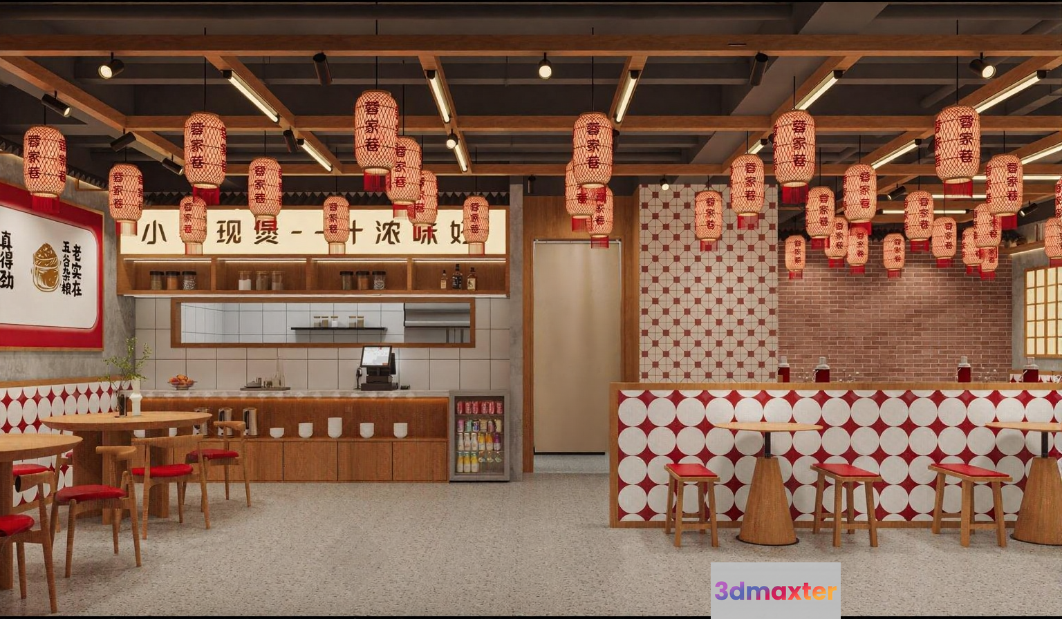 A Restaurant With Red And White Decorations 3D Model - 6557 - VRAY Render