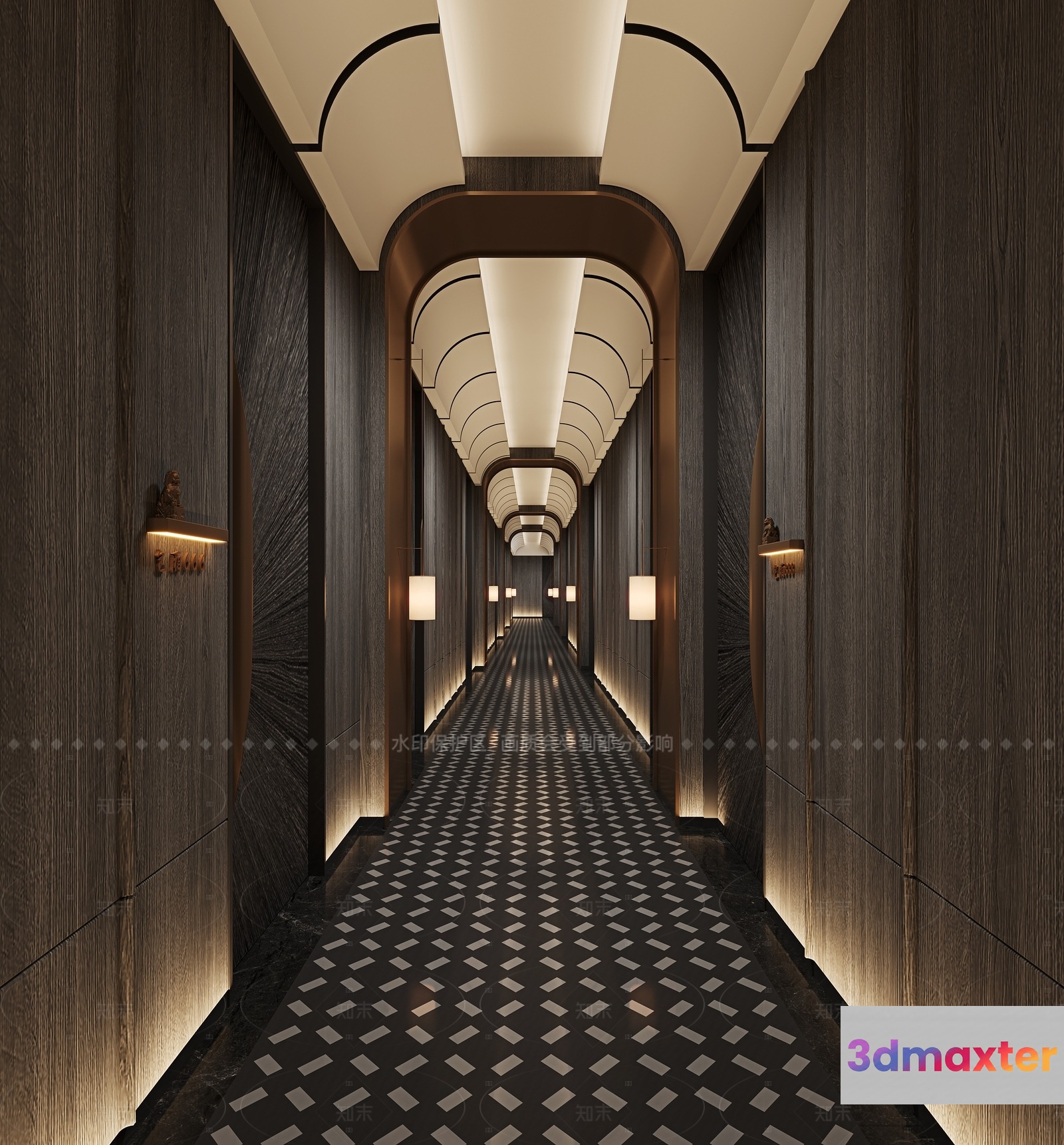 A Long Hallway With A Black And White Tiled Floor 3D Model - 5023 - CORONA Render