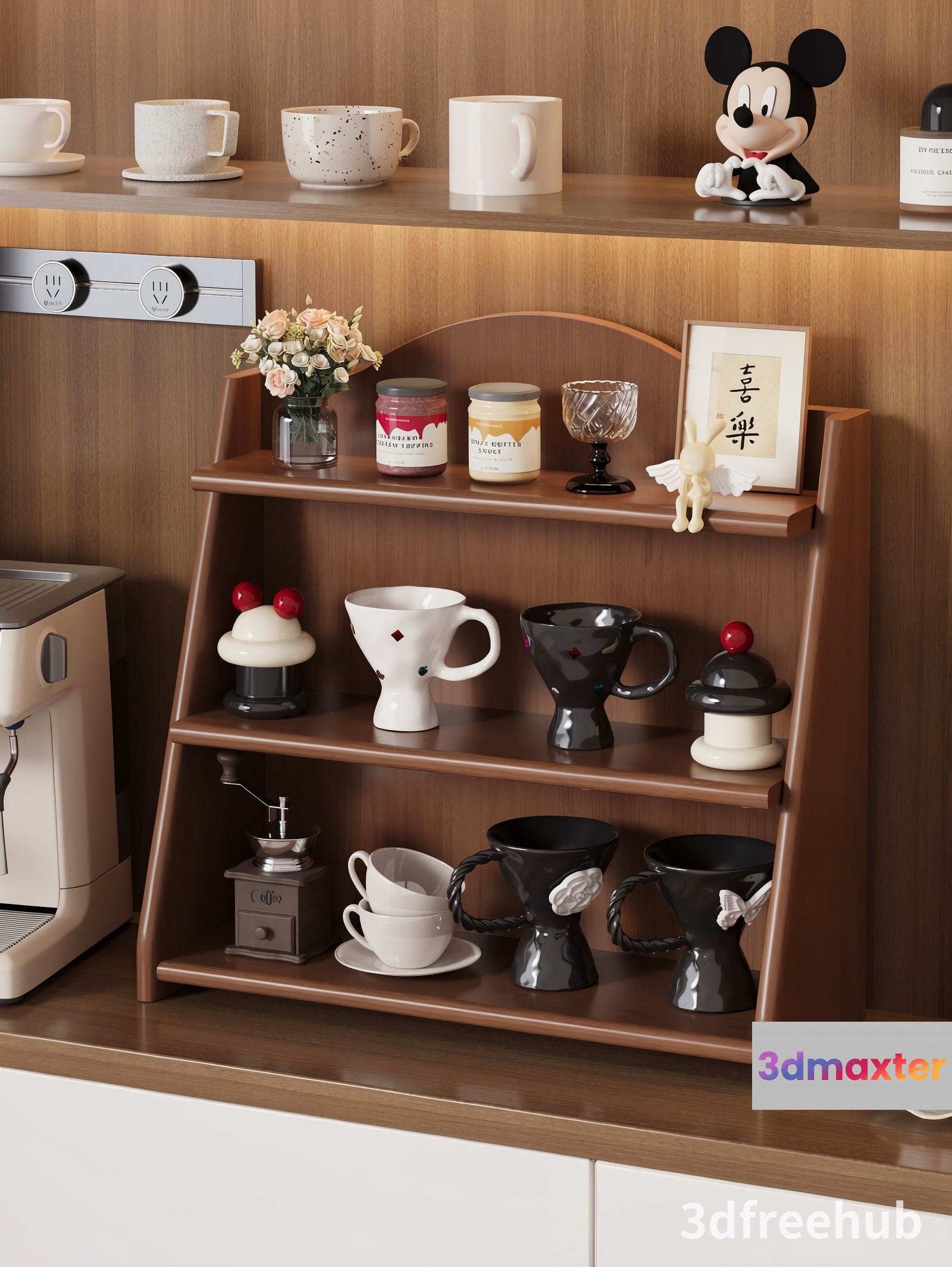 A Wooden Shelf With Coffee Mugs And A Coffee Machine 3D Model - 23511 - VRAY Render