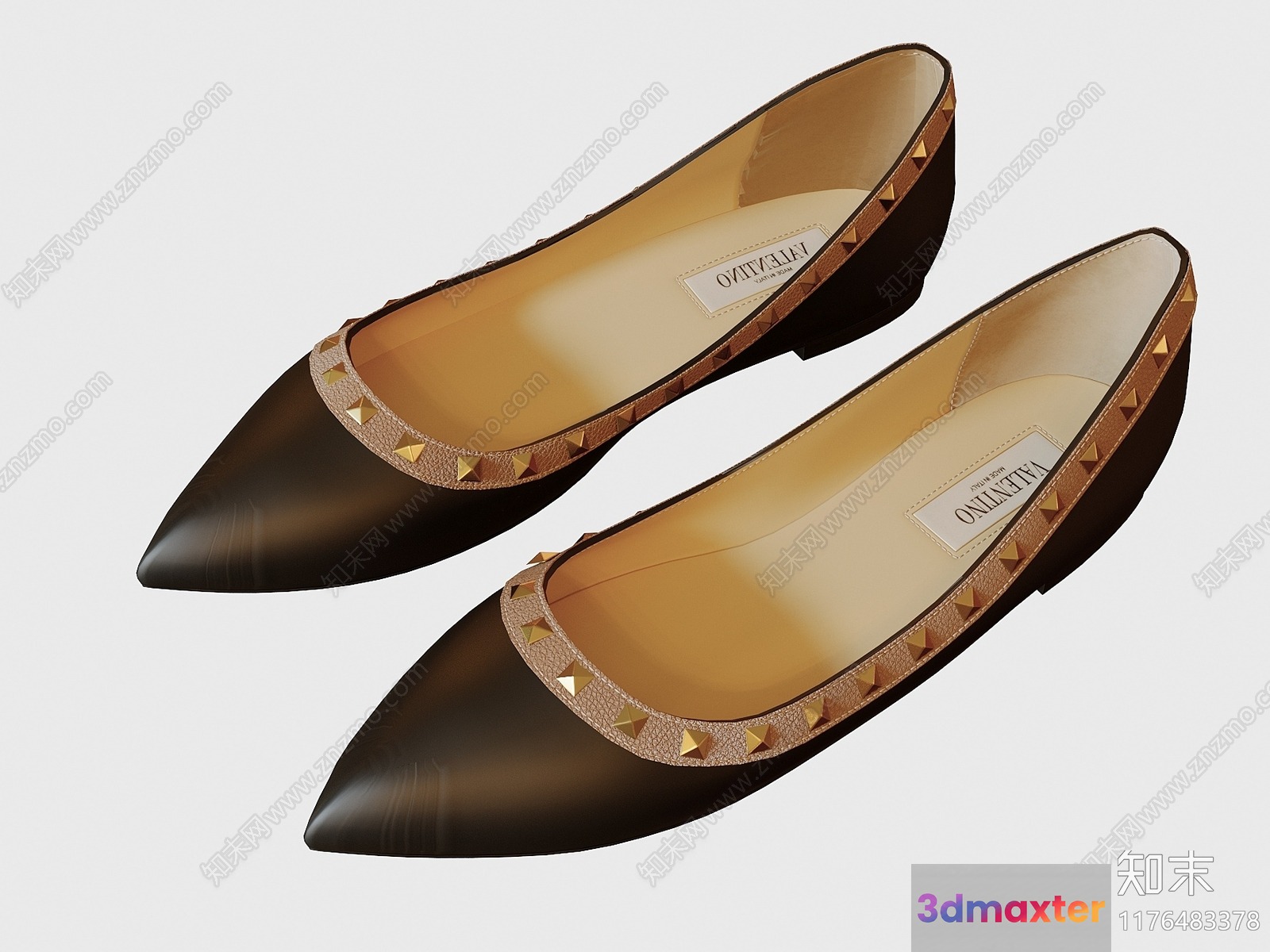 Black Leather Shoes With Gold Studs 3D Model - 13068 - VRAY Render