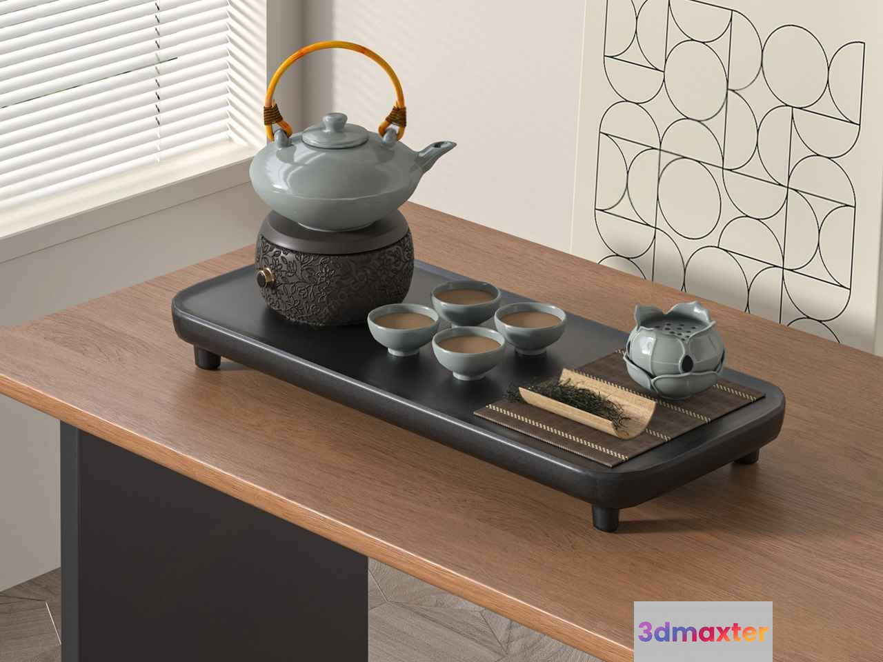 A Wooden Table With A Tea Set 3D Model - 17645 - VRAY Render