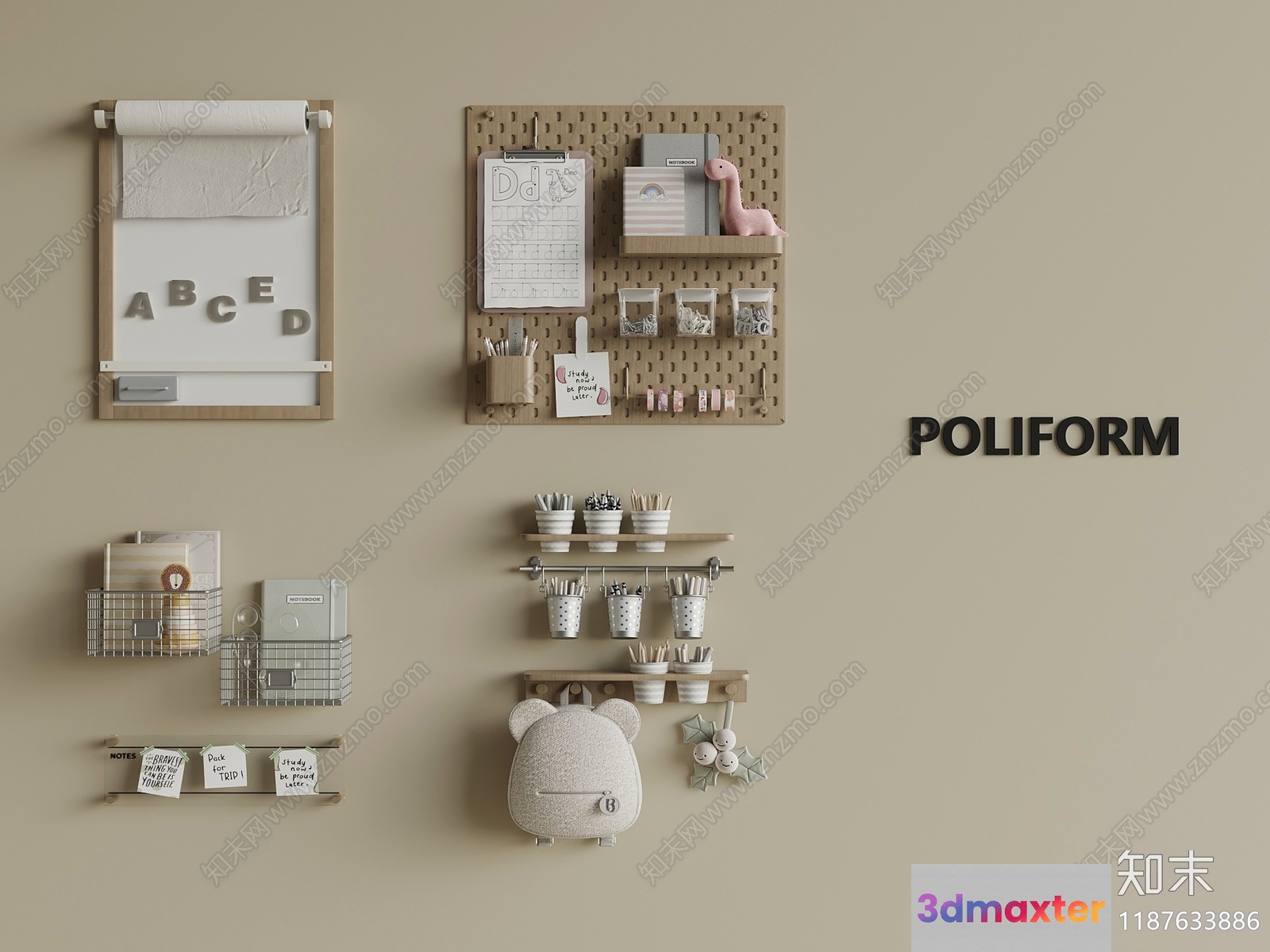 A Beige Wall With Various Items On It 3D Model - 11557 - VRAY Render