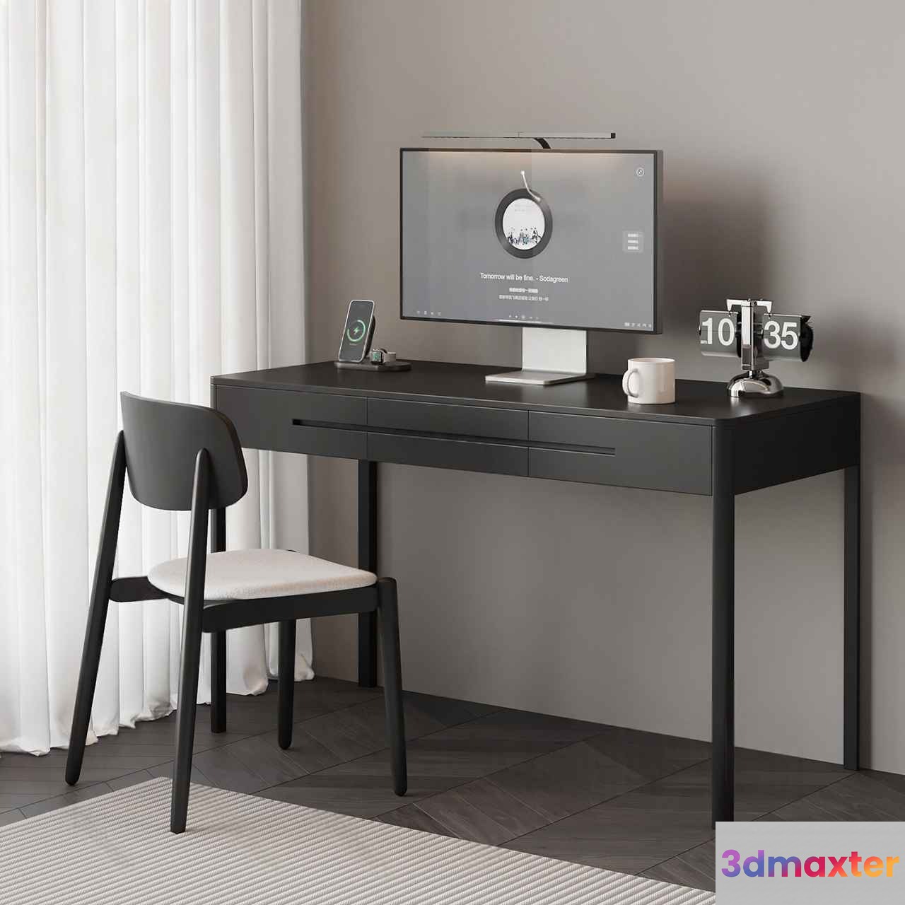 A Black Desk With A White Chair 3D Model - 14918 - VRAY Render