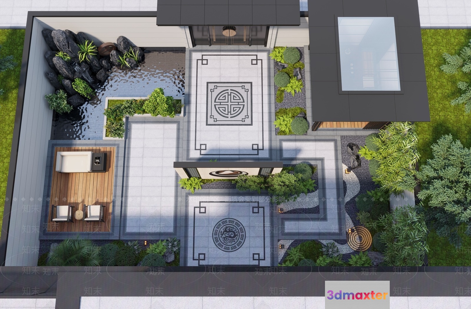 Aerial View Of A Modern Home With A Japanese-Inspired Garden 3D Model - 10896 - VRAY Render