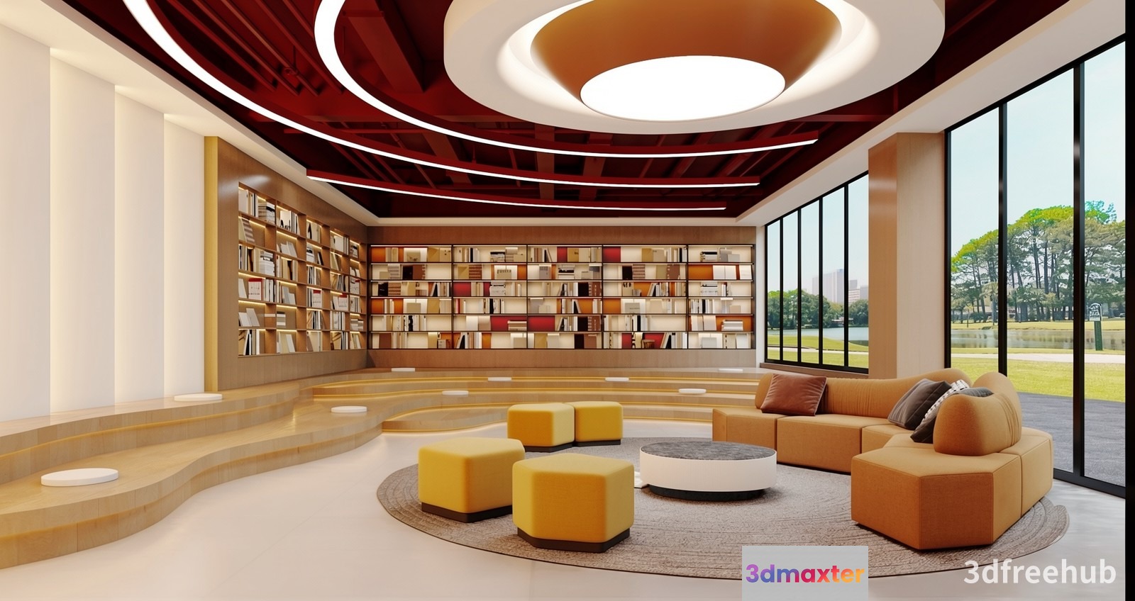 A Modern Library With A Circular Seating Area 3D Model - 2385 - VRAY Render