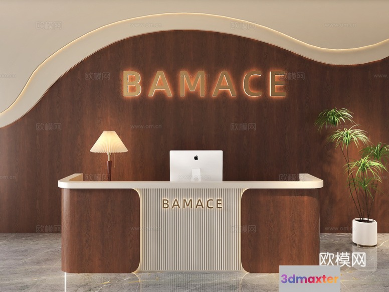 A Reception Desk With A Computer And Lamp 3D Model - 7047 - VRAY Render