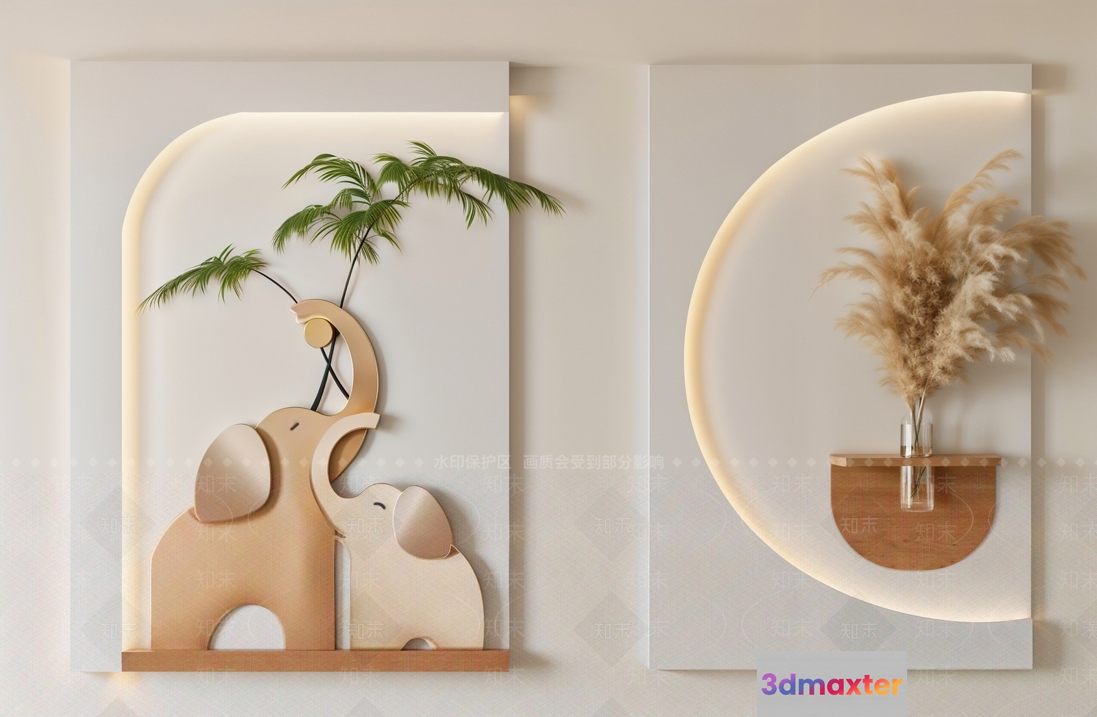 A Wall Decoration With Two Wooden Elephants 3D Model - 15845 - CORONA Render