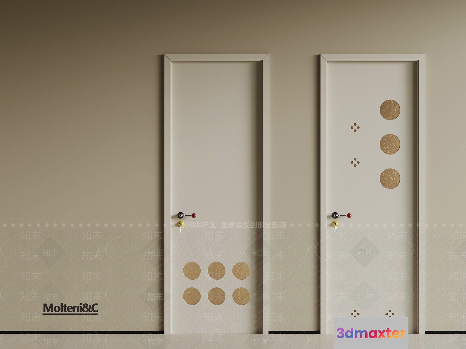 White Doors With Decorative Gold Designs 3D Model - 4132 - VRAY Render