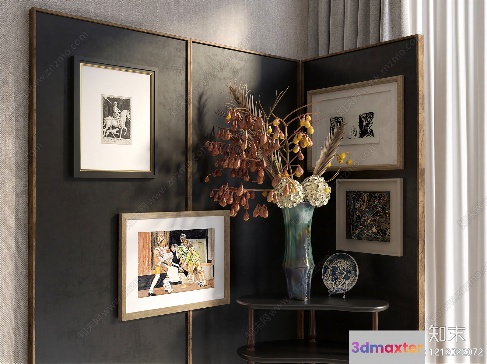 A Decorative Room With A Collection Of Framed Art Pieces And A Vase With Flowers 3D Model - 18053 - VRAY Render