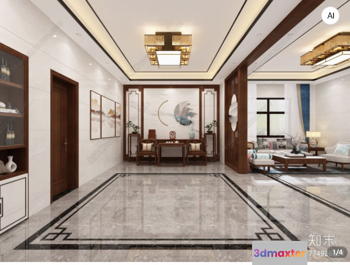 Modern Chinese-Style Living Room 3D Model - 517 - VRAY Render