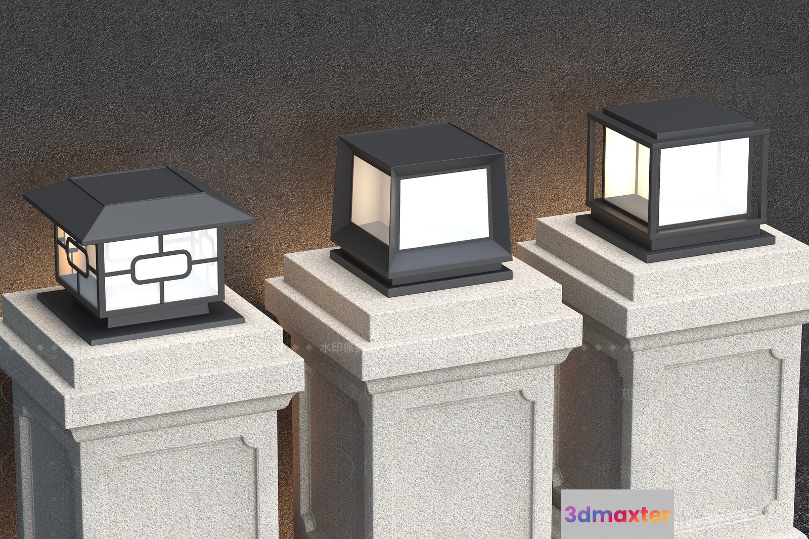 Three Stone Pedestals With Black And White Lanterns 3D Model - 5611 - VRAY Render