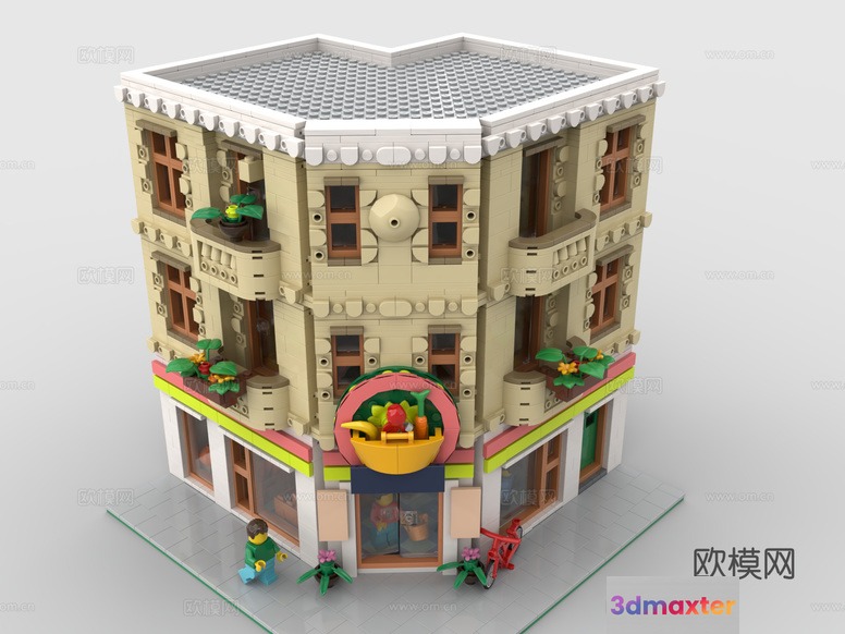 A Colorful Building With A Fruit Basket 3D Model - 8973 - VRAY Render