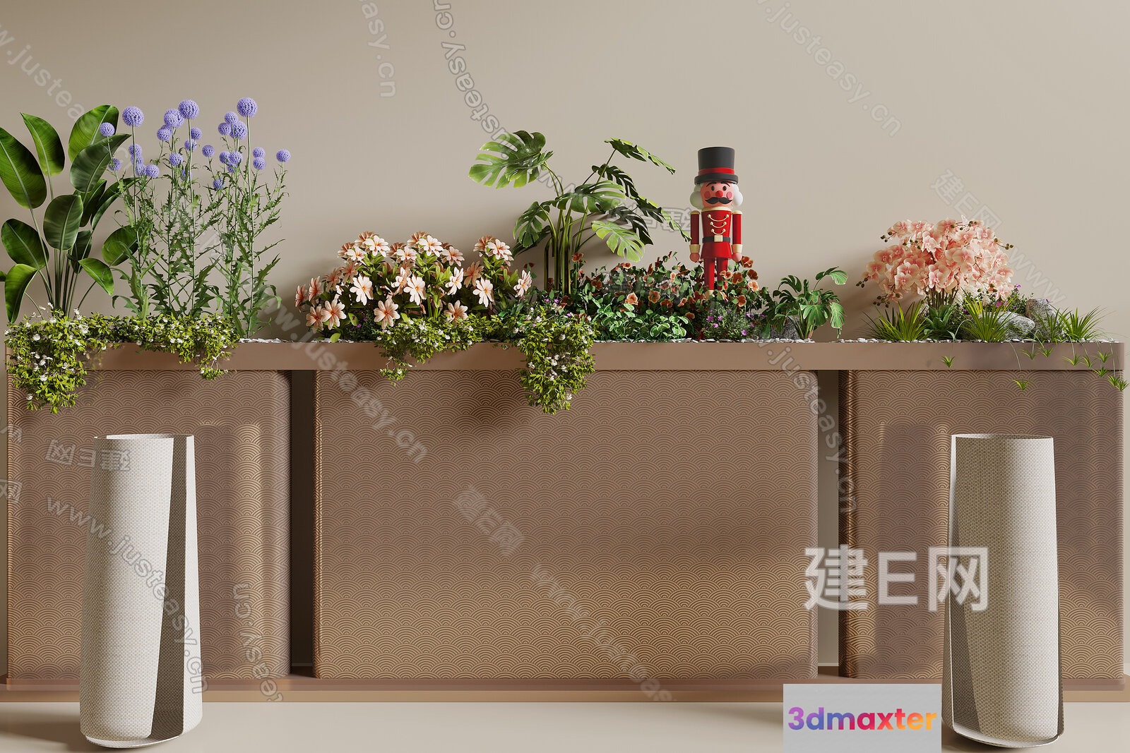 A Beige Wall With A Wooden Shelf And White Vases 3D Model - 1590 - VRAY Render