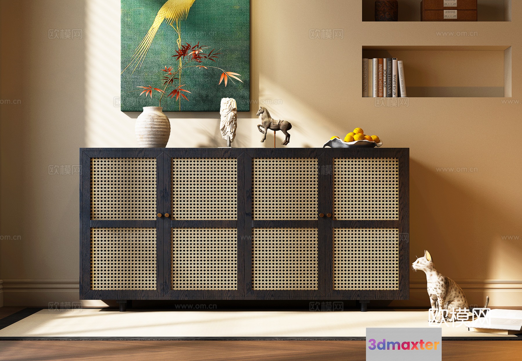 A Wooden Cabinet With Wicker Doors 3D Model - 14887 - VRAY Render