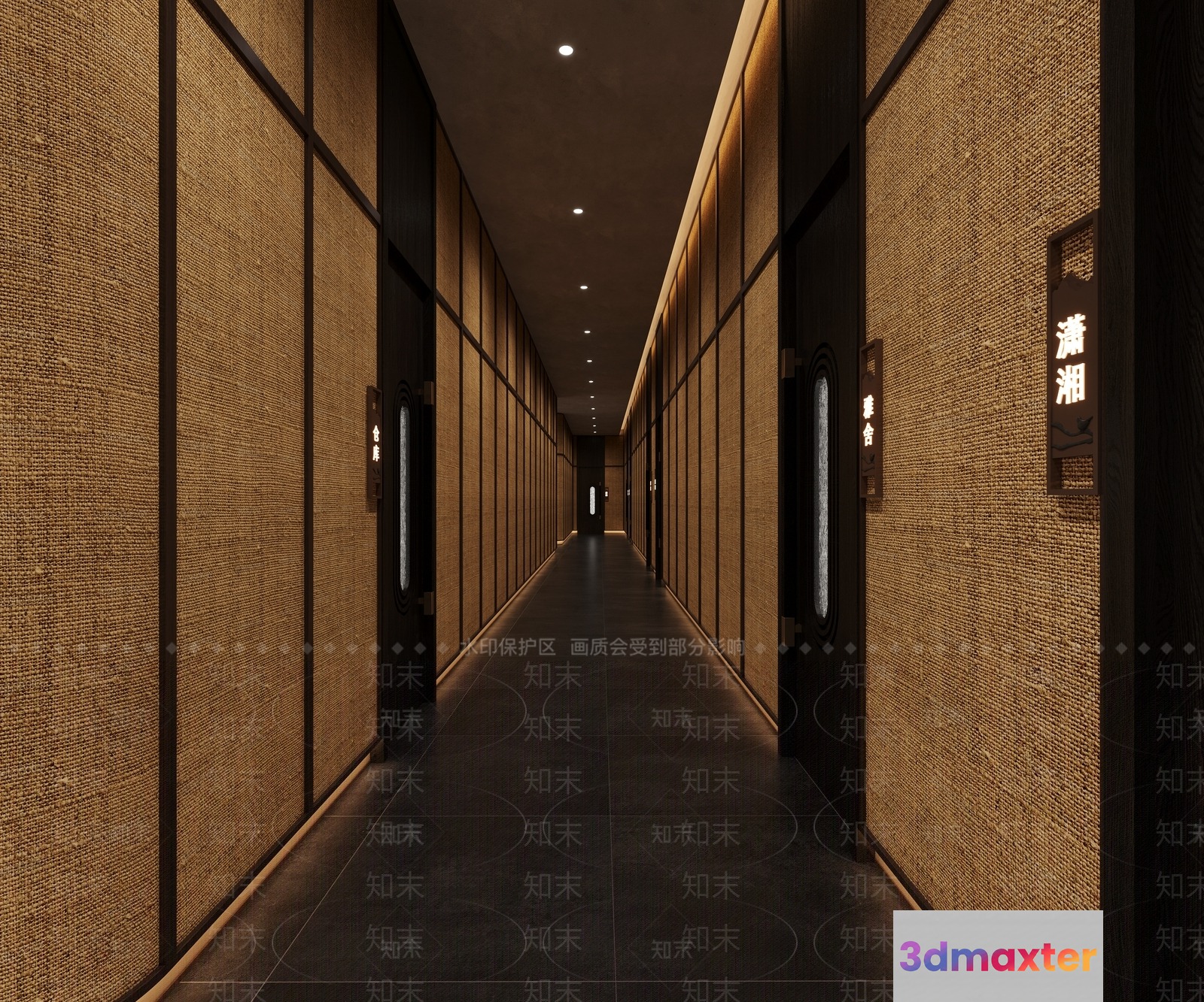 A Long Hallway With A Dark Brown Floor And Beige Walls 3D Model - 11902 - VRAY Render