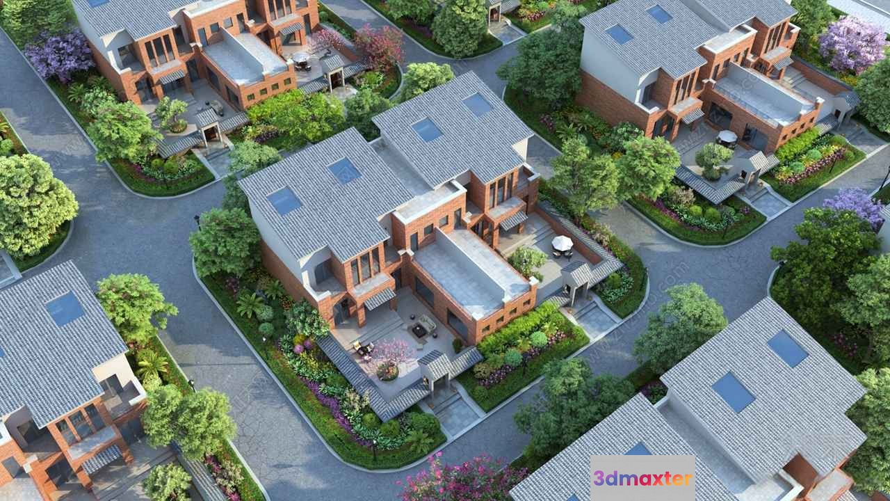 Tiled Roof Houses 3D Model - 14071 - VRAY Render