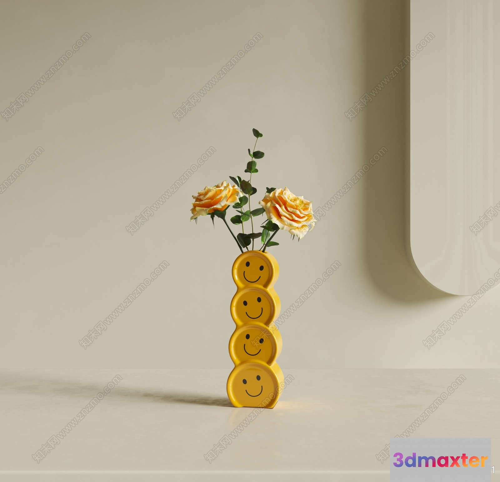 A Yellow Vase With A Smiley Face Design 3D Model - 15022 - VRAY Render