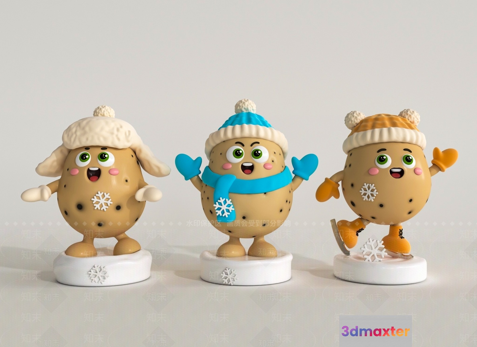 Three Figurines Of Potatoes Wearing Winter Clothing 3D Model - 8858 - VRAY Render