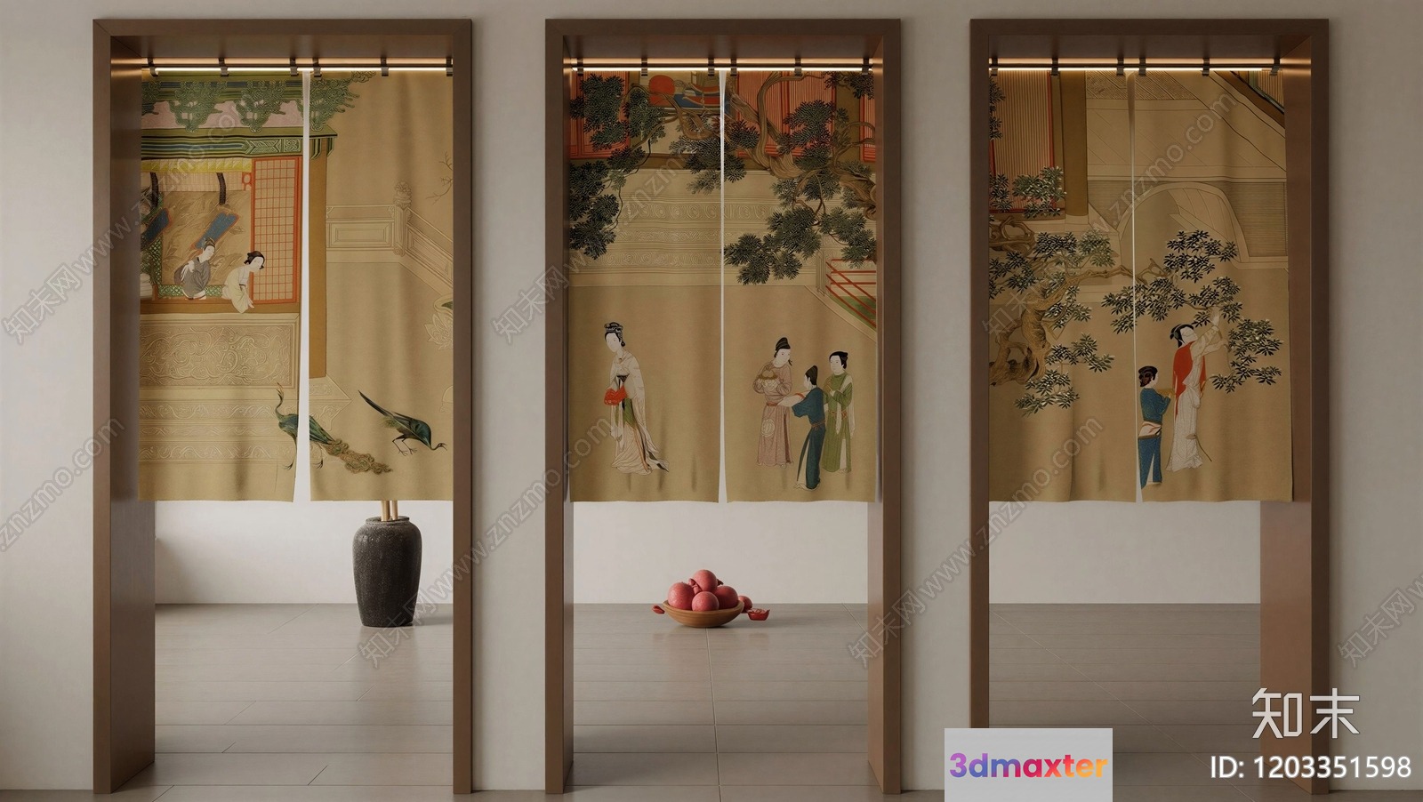 The Main Subject Is A Curtain With Asian-Style Artwork And One Key Characteristic 3D Model - 12520 - VRAY Render