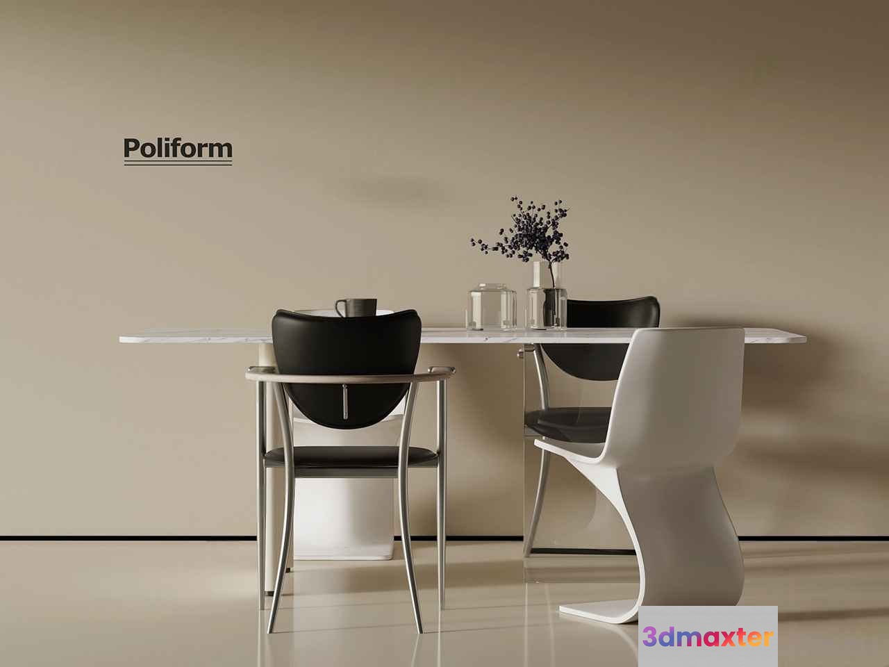 Modern White Table And Chairs 3D Model - 16701 - VRAY Render