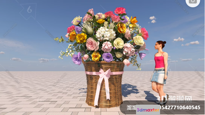 A Woman In A Pink Top And Denim Skirt Standing Next To A Large Bouquet 3D Model - 16174 - VRAY Render