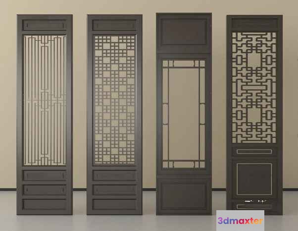 Four Tall Narrow Dark Brown Decorative Panels 3D Model - 757 - VRAY Render