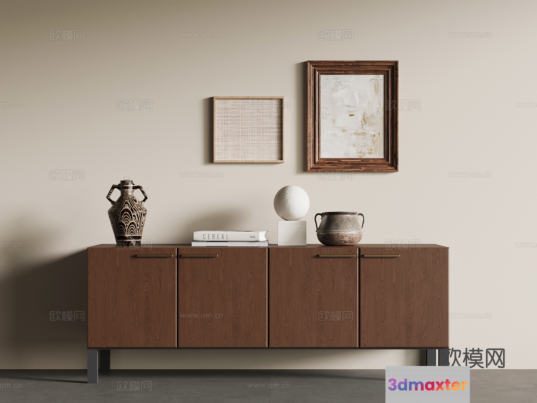 A Brown Cabinet With Various Decorative Items On Top 3D Model - 12208 - VRAY Render