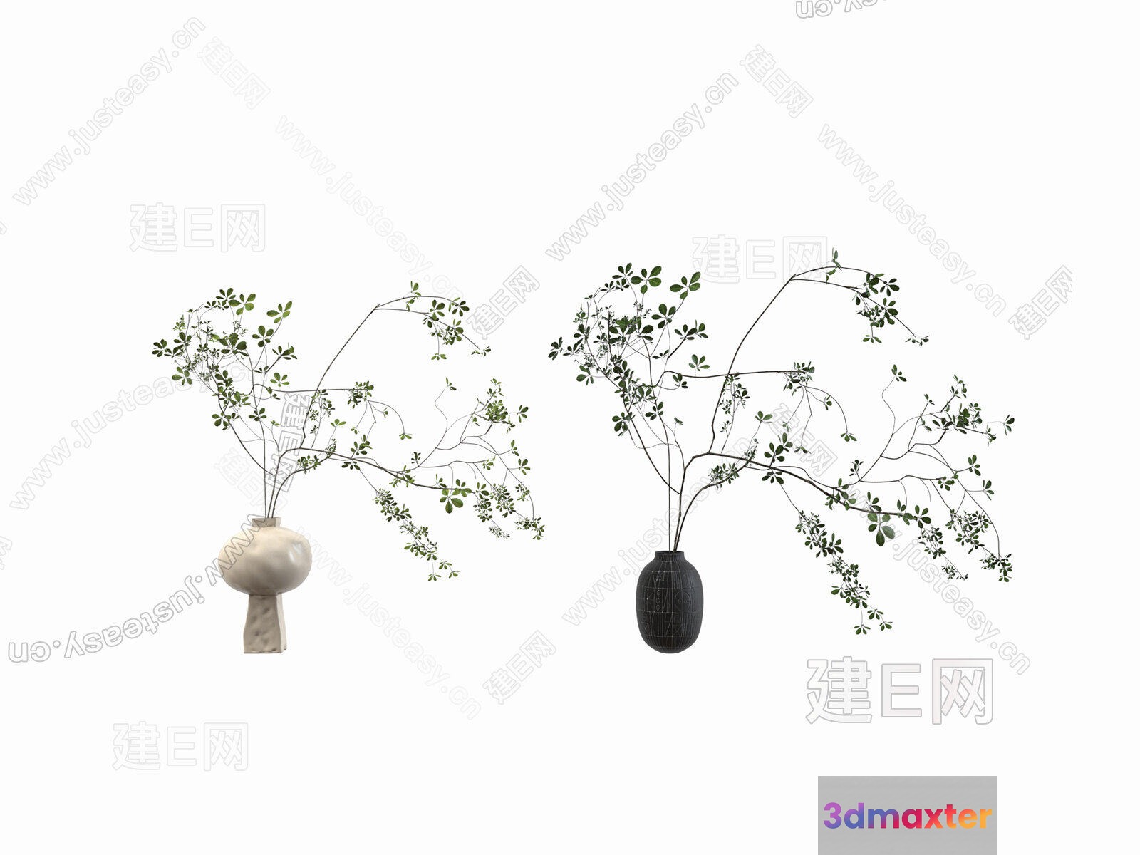 Two Vases With Branches And Leaves 3D Model - 2132 - VRAY Render