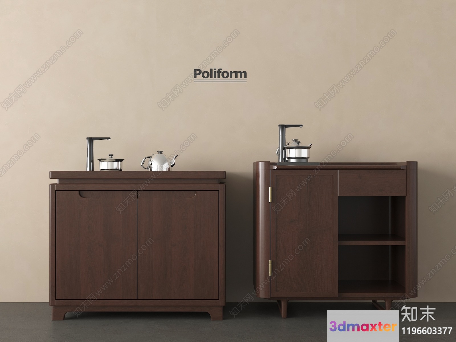 A Modern Kitchen With Dark Wood Cabinets 3D Model - 2137 - VRAY Render