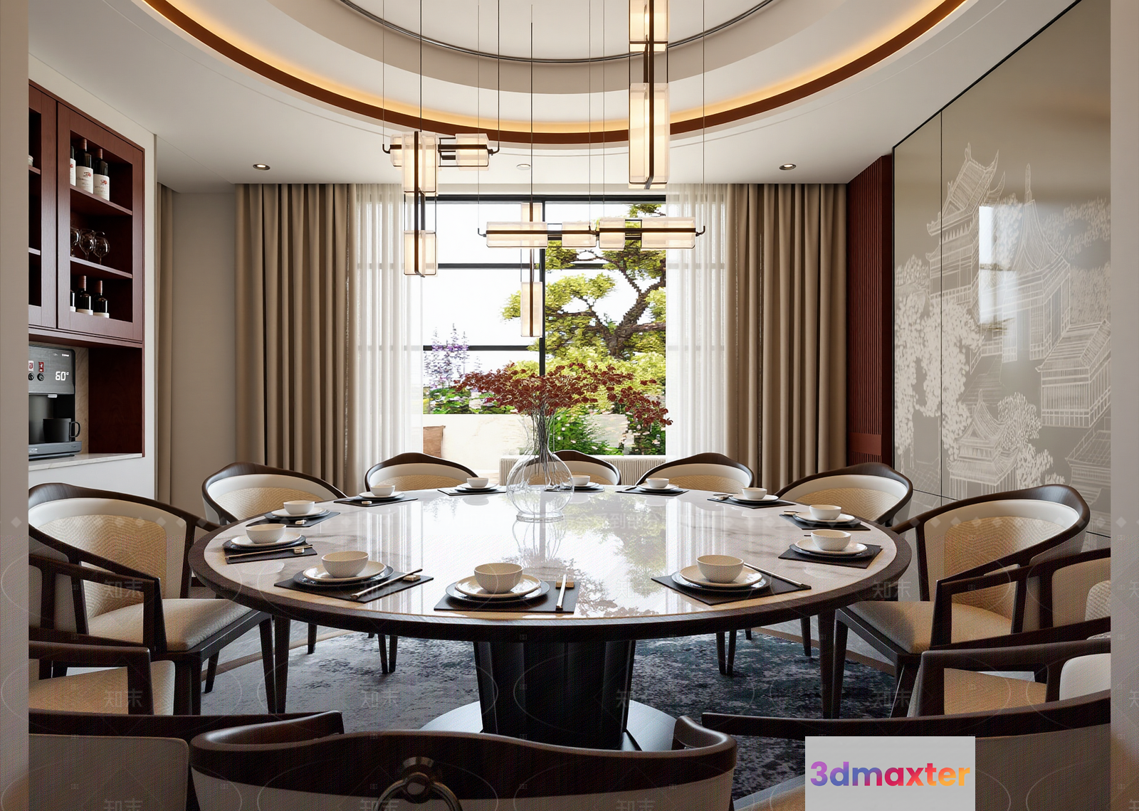 A Round Dining Table With A Glass Top 3D Model - 16646 - VRAY Render