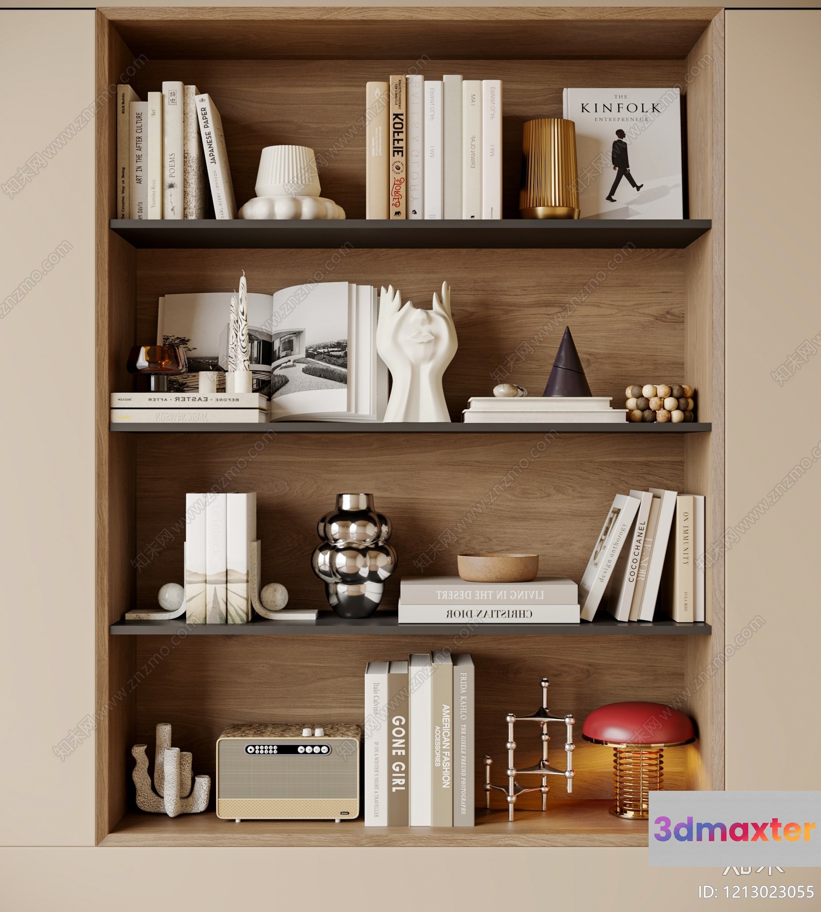 A Bookshelf With Books And Decorative Items 3D Model - 3293 - VRAY Render