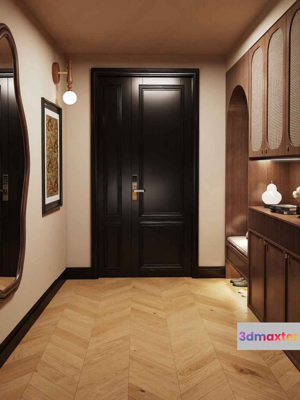 A Hallway With A Black Door 3D Model - 6418 - VRAY Render