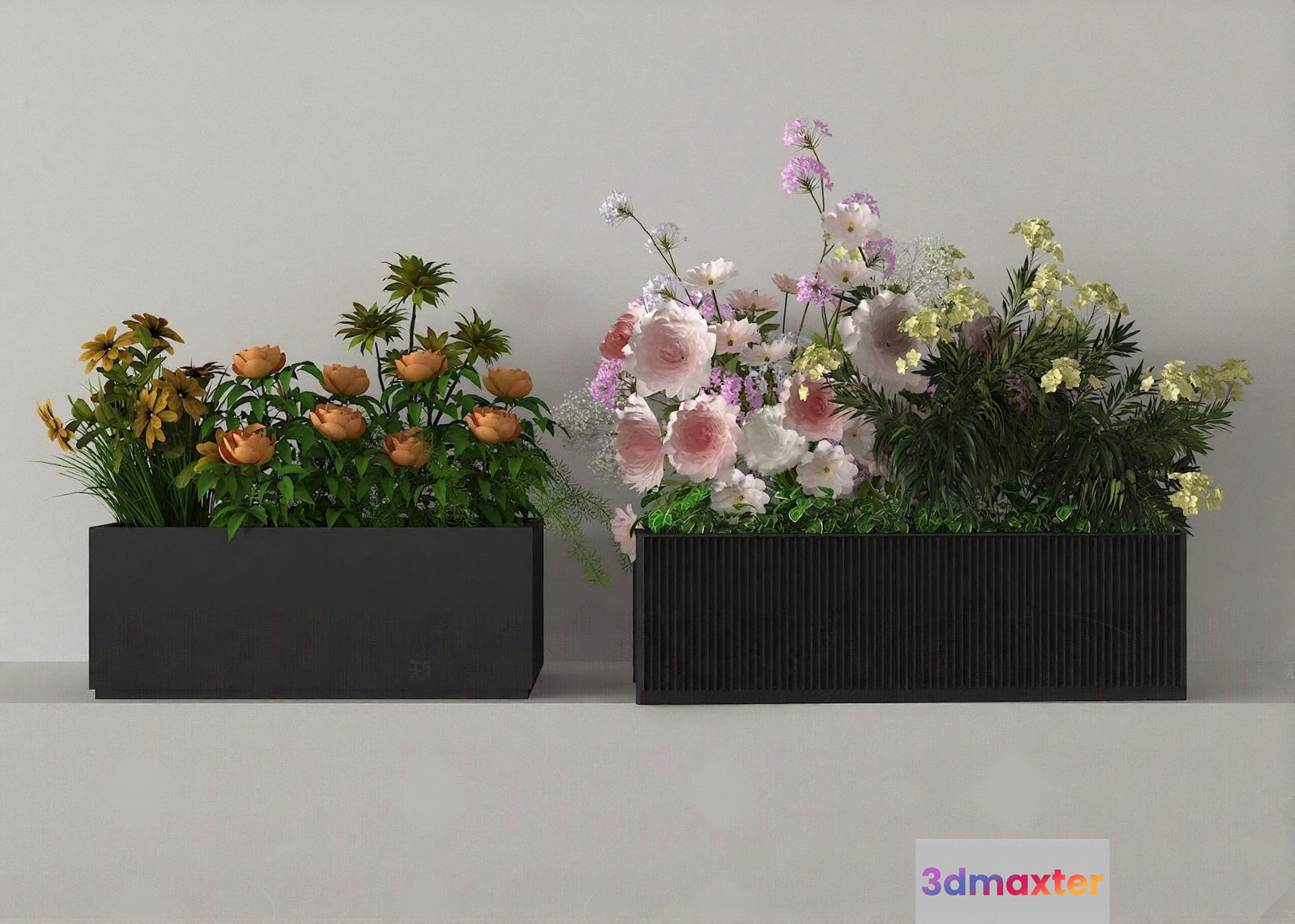 Two Rectangular Planters With Flowers 3D Model - 10592 - VRAY Render