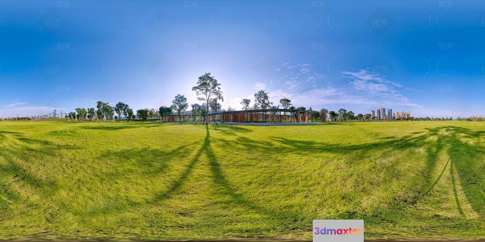 A Grassy Field With Trees And A Building In The Background 3D Model - 18348 - VRAY Render