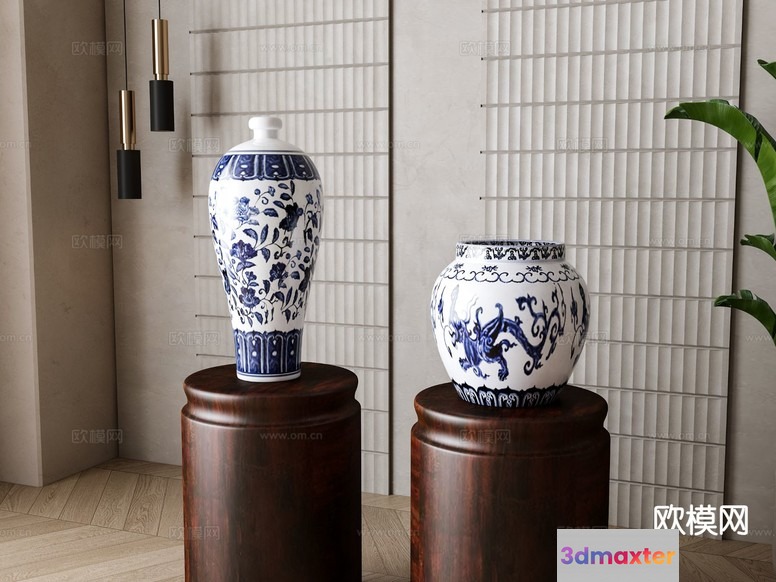 Blue And White Vases 3D Model - 13066 - VRAY Render