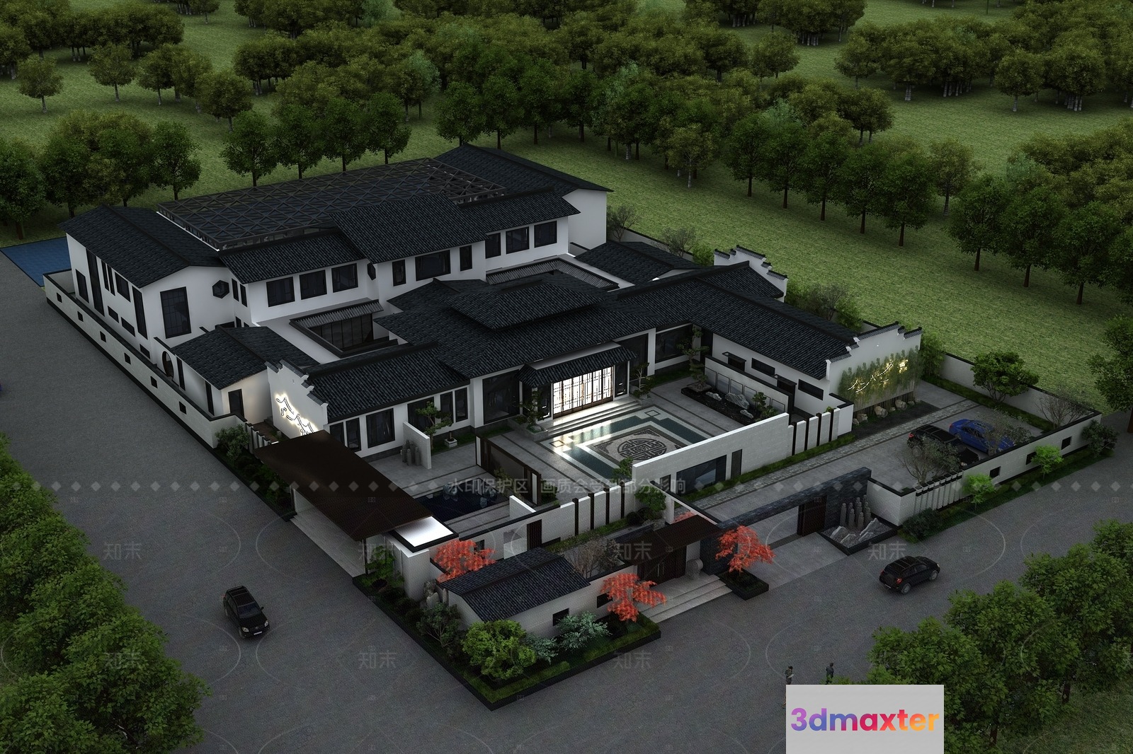 A Large White House With A Black Roof 3D Model - 6889 - VRAY Render