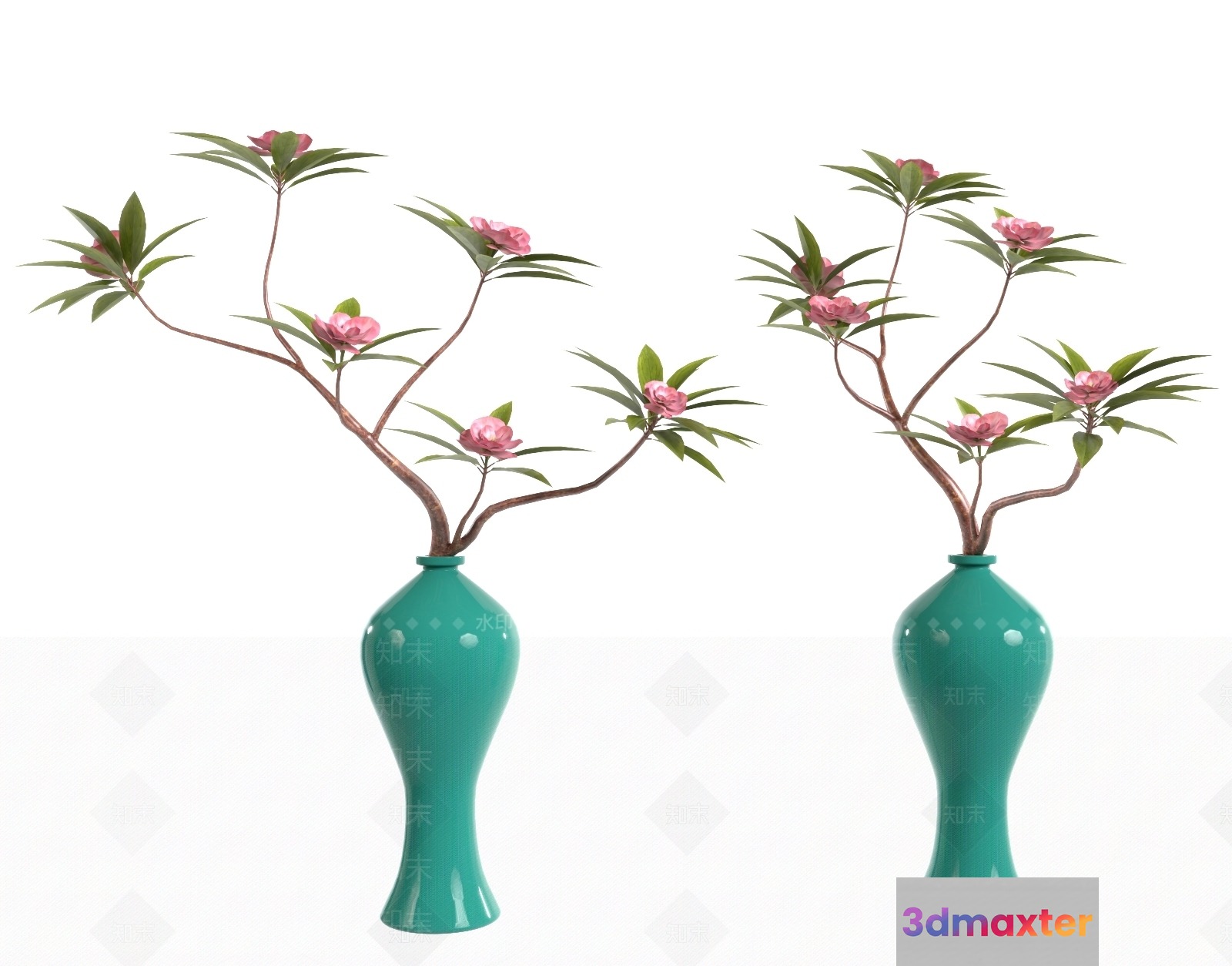 A Pair Of Green Vases With Pink Flowers 3D Model - 7313 - VRAY Render