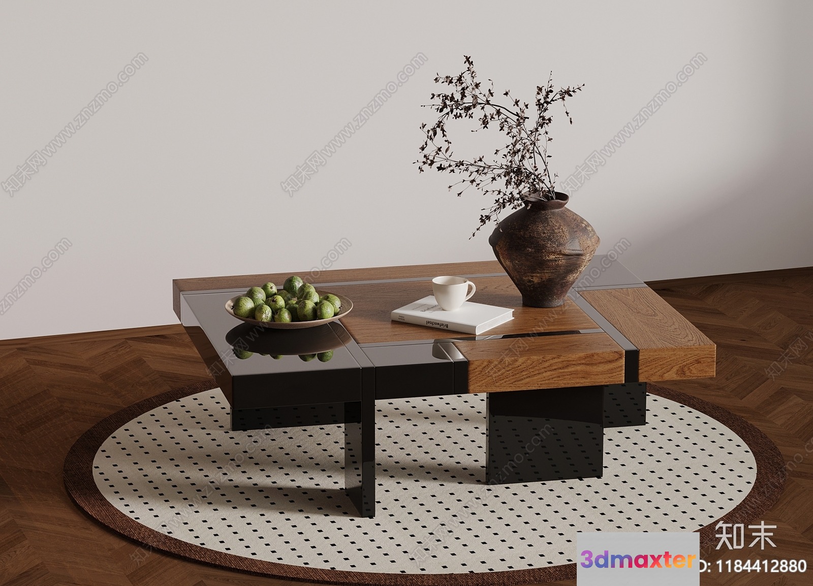 A Wooden Coffee Table With A Glass Top 3D Model - 1959 - VRAY Render