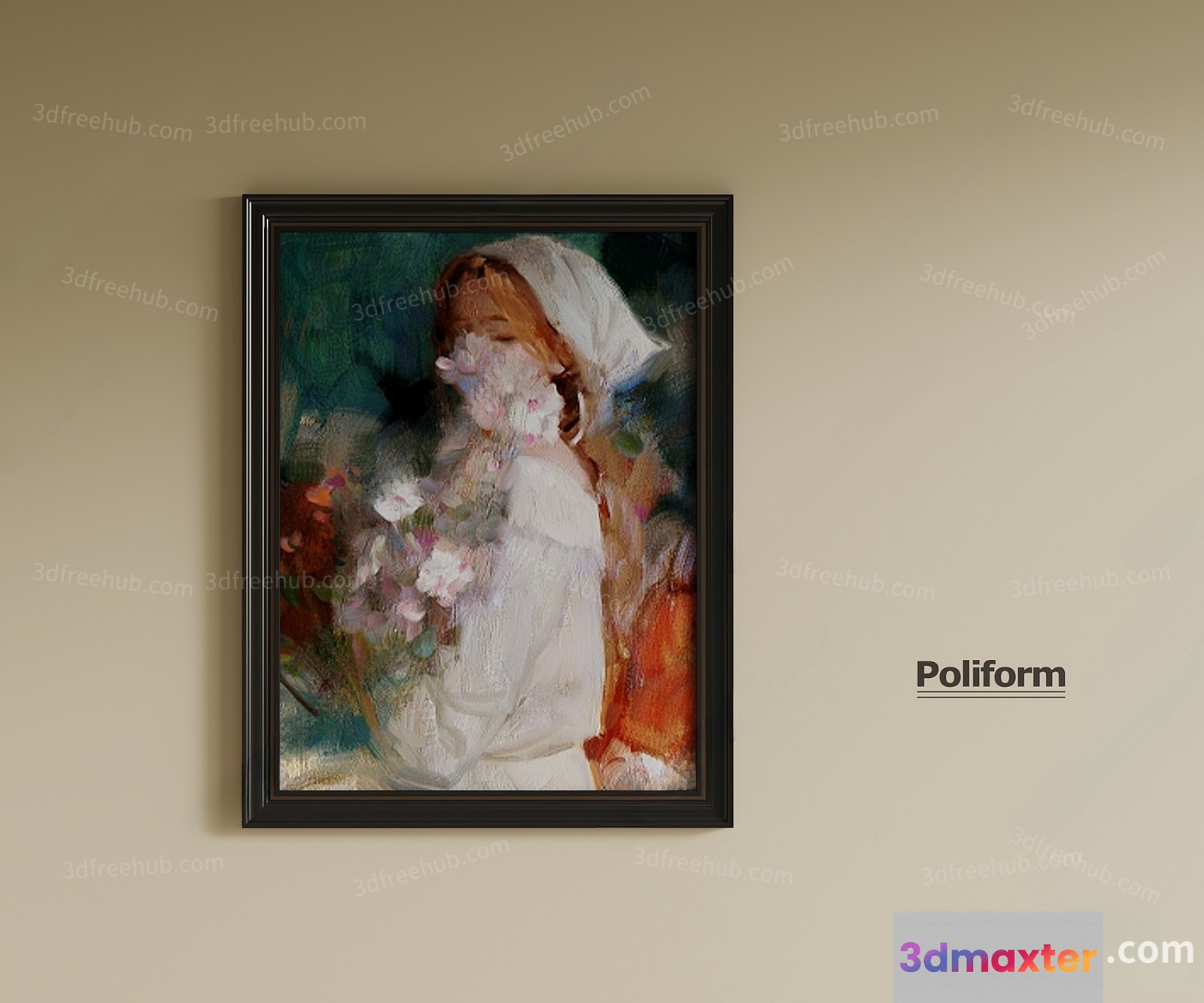 A Framed Painting Of A Woman Holding Flowers 3D Model - 22583 - VRAY Render